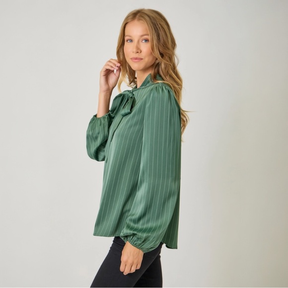 Hunter Green Satin Pinstripe Bow Blouse Long Sleeve Tie-Neck Top Holiday Office - Picture 4 of 7